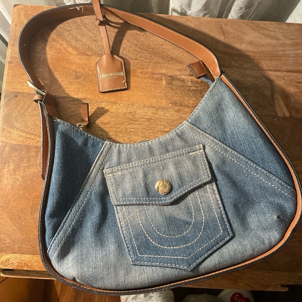 Denim Shoulder Bag with Brown Accents